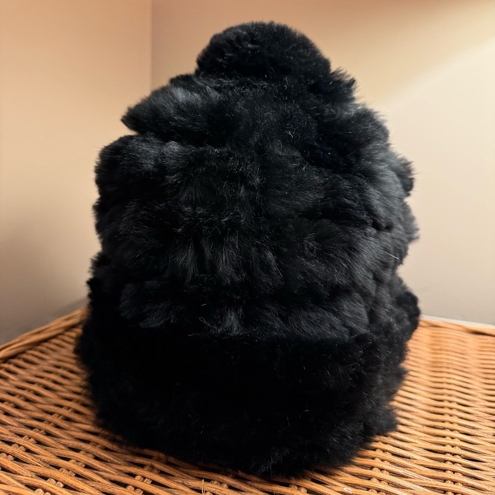 Saks Fifth Avenue Black Rabbit Fur Pom Pom Cap